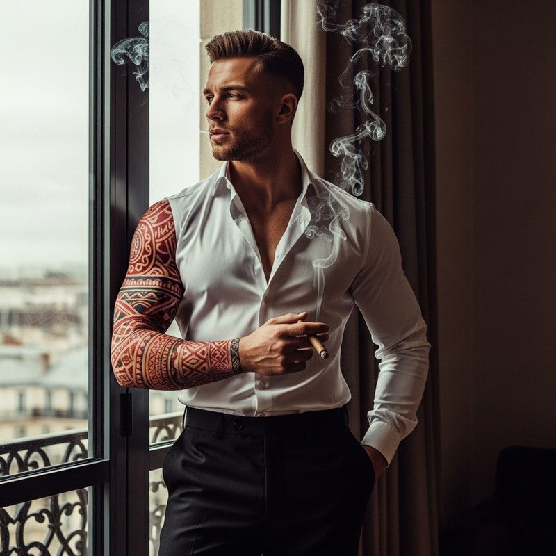 Mysterious French Gentleman: Charismatic Aura and Intricate Tattoo Designs Mysterious French Gentleman: Charismatic Aura and Intricate Tattoo Designs