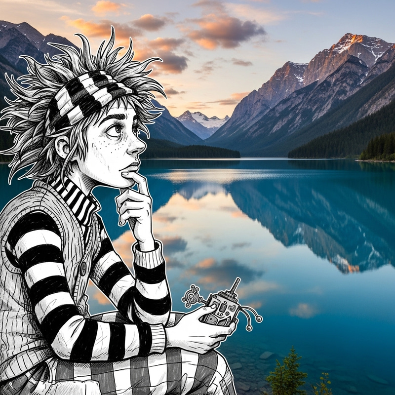 Beetlejuice Contemplates Nature | Vibrant Mountain Lake Landscape Beetlejuice Contemplates Nature | Vibrant Mountain Lake Landscape