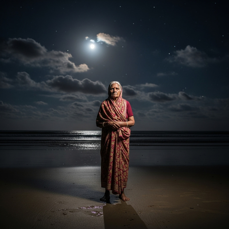 Elderly Lady on Night Beach | Eery Scene Captured Elderly Lady on Night Beach | Eery Scene Captured