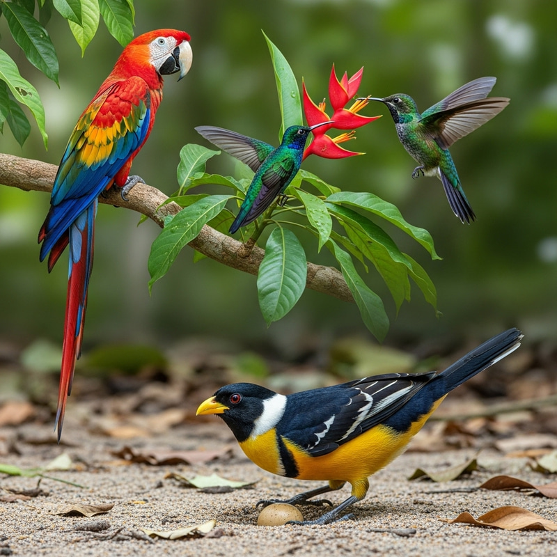 Colorful Birds: Scarlet Macaw, Hummingbird, Maleo Habitat