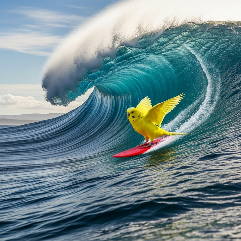 Yellow Parakeet Surfing on Red Board with 5-Meter Wave Yellow Parakeet Surfing on Red Board with 5-Meter Wave