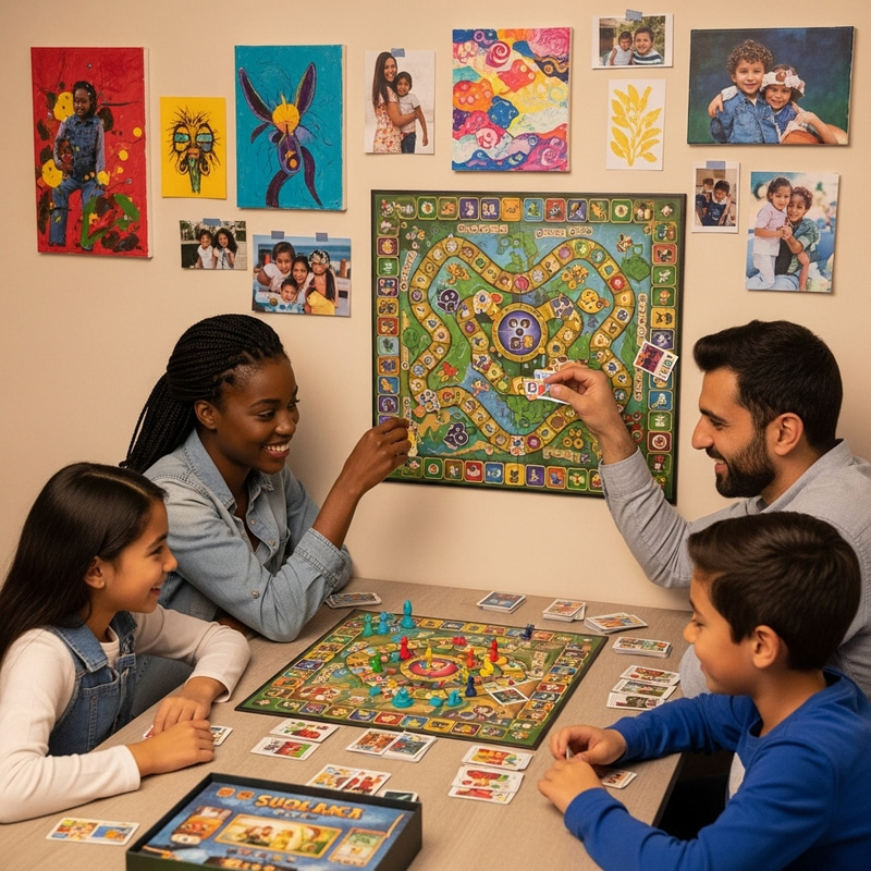 Multicultural Family Enjoys Wall-Mounted Board Game Multicultural Family Enjoys Wall-Mounted Board Game