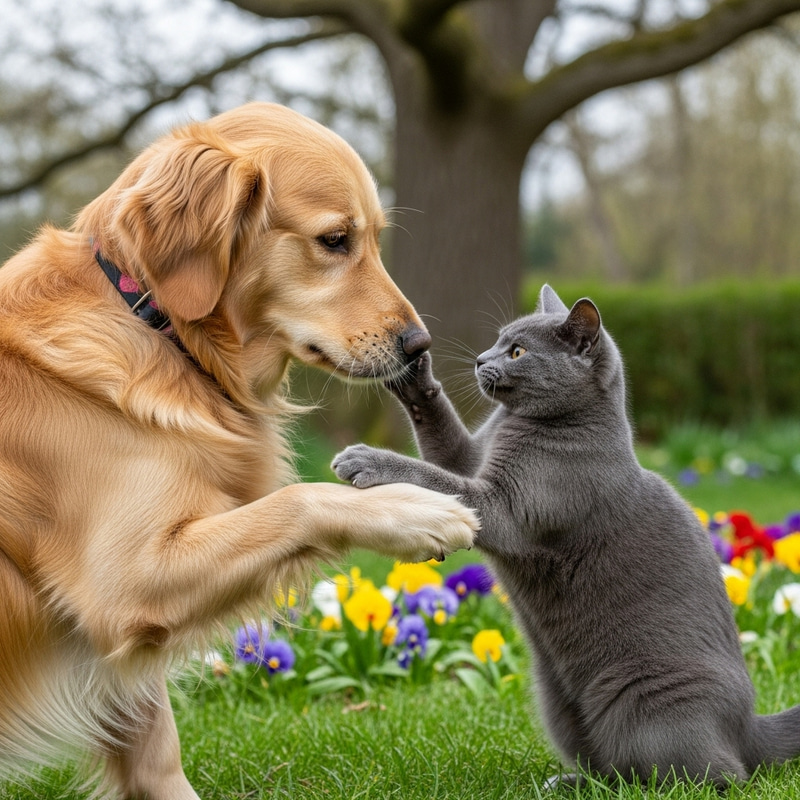Heartwarming Dog and Cat Playful Interaction in Lush Garden