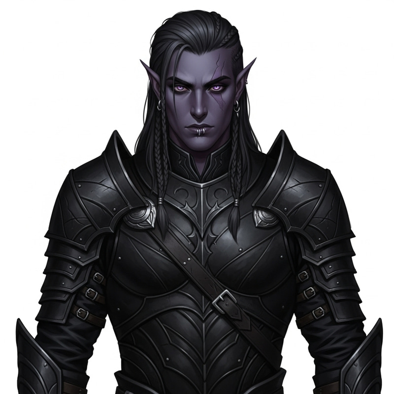 Male Half-Drow Warrior with Lilac Eyes & Ebony Hide Armor Male Half-Drow Warrior with Lilac Eyes & Ebony Hide Armor