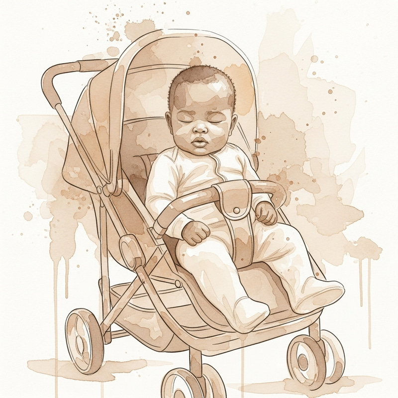 Abstract Watercolour Image of Black Baby in Stroller with Beige Palette
