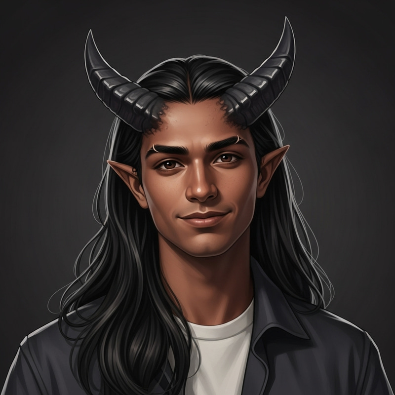 Demonic South Asian Male Tiefling with Youthful Charm Demonic South Asian Male Tiefling with Youthful Charm