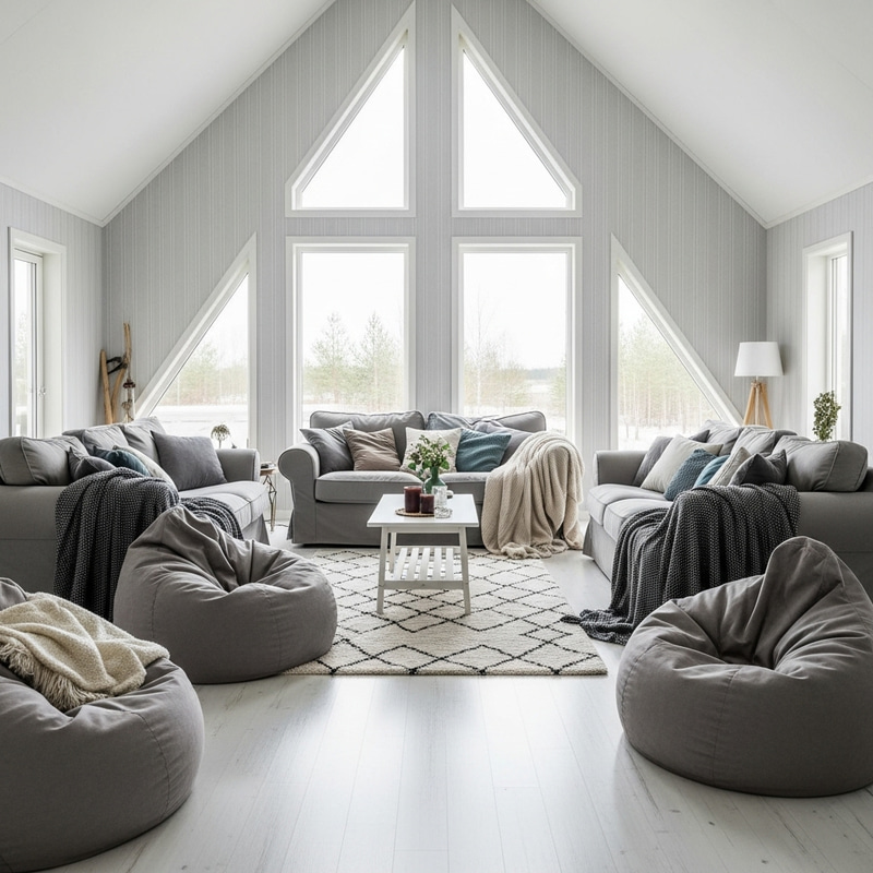 Cozy Cottagecore Living Room with High Ceiling and Lush Couches Cozy Cottagecore Living Room with High Ceiling and Lush Couches