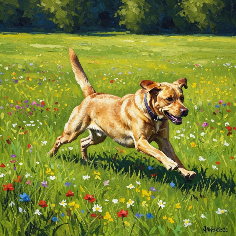 Playful Labrador Running in a Sunlit Meadow Playful Labrador Running in a Sunlit Meadow