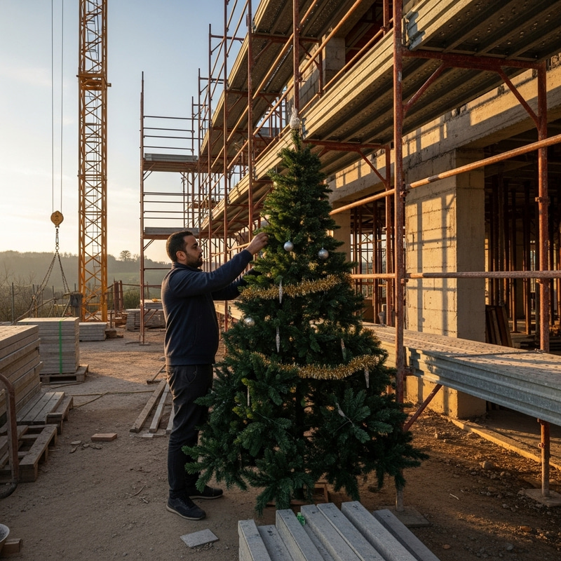 Man Decorating Christmas Tree at Tuscan Villa Construction Site Man Decorating Christmas Tree at Tuscan Villa Construction Site