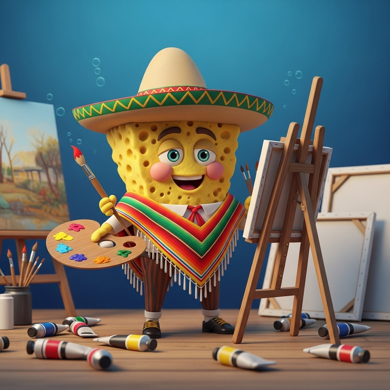 Spongebob Mexican Artist: Traditional Attire Paintbrush & Easel