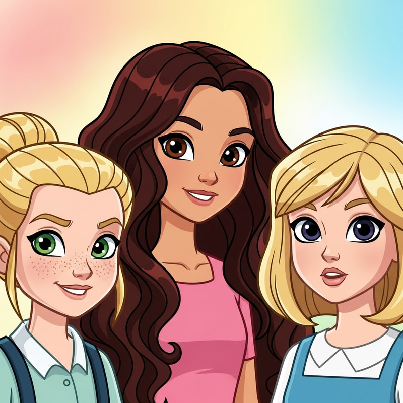 Cartoon Illustration of Three Diverse Girls Cartoon Illustration of Three Diverse Girls