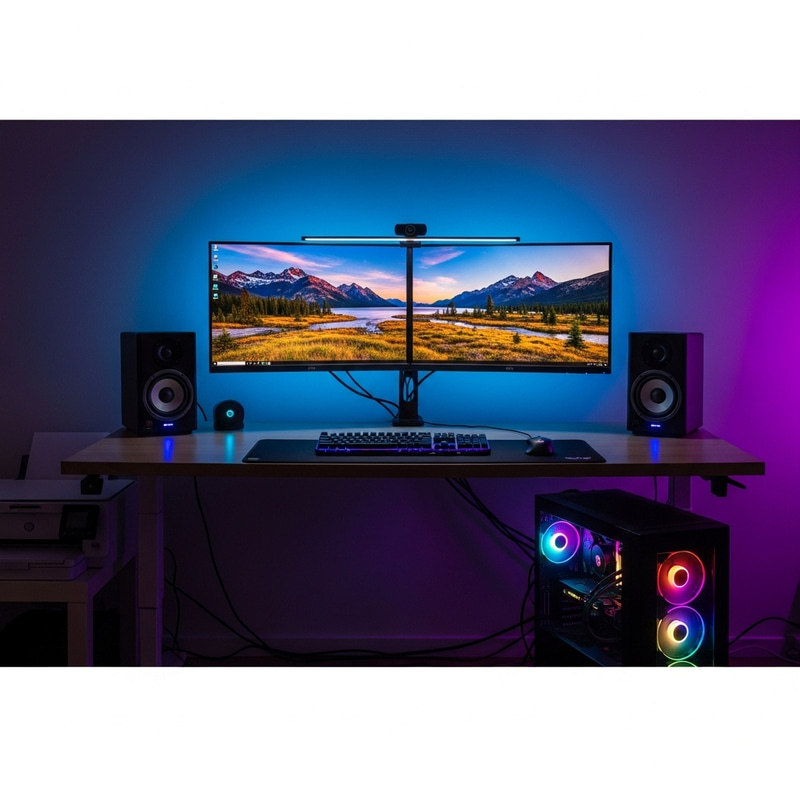 27-Inch Dual Monitor Setup with Speaker, Webcam, Printer and Gaming PC 27-Inch Dual Monitor Setup with Speaker, Webcam, Printer and Gaming PC