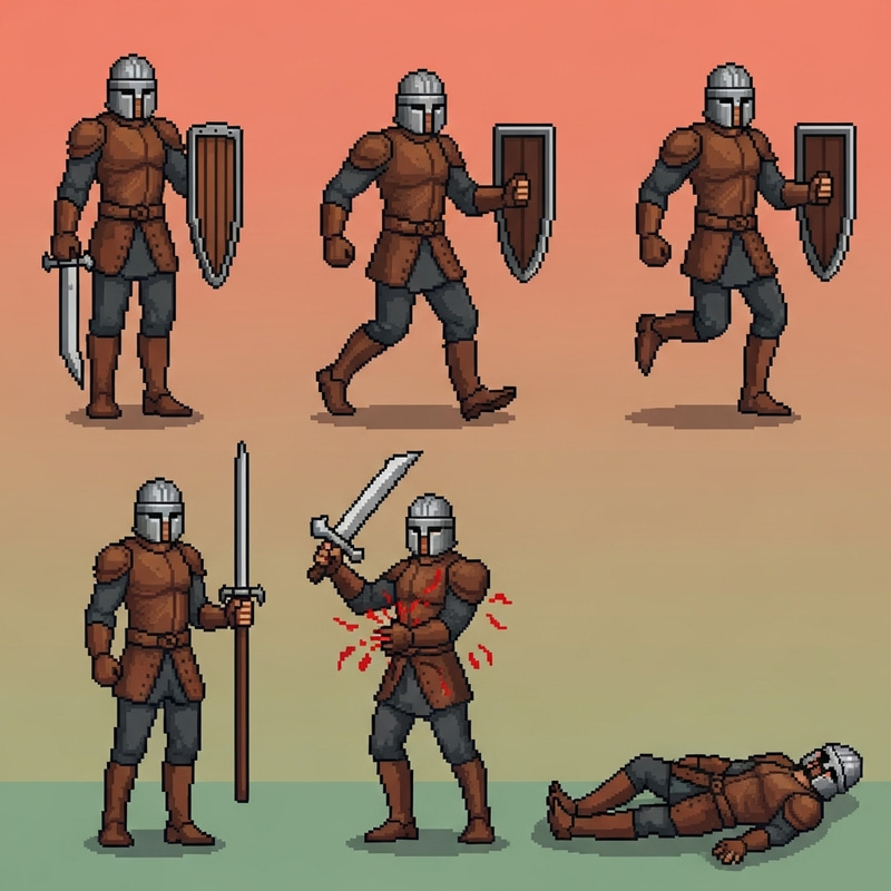Pixel-Art Medieval Warrior Character Poses with Clear Separation