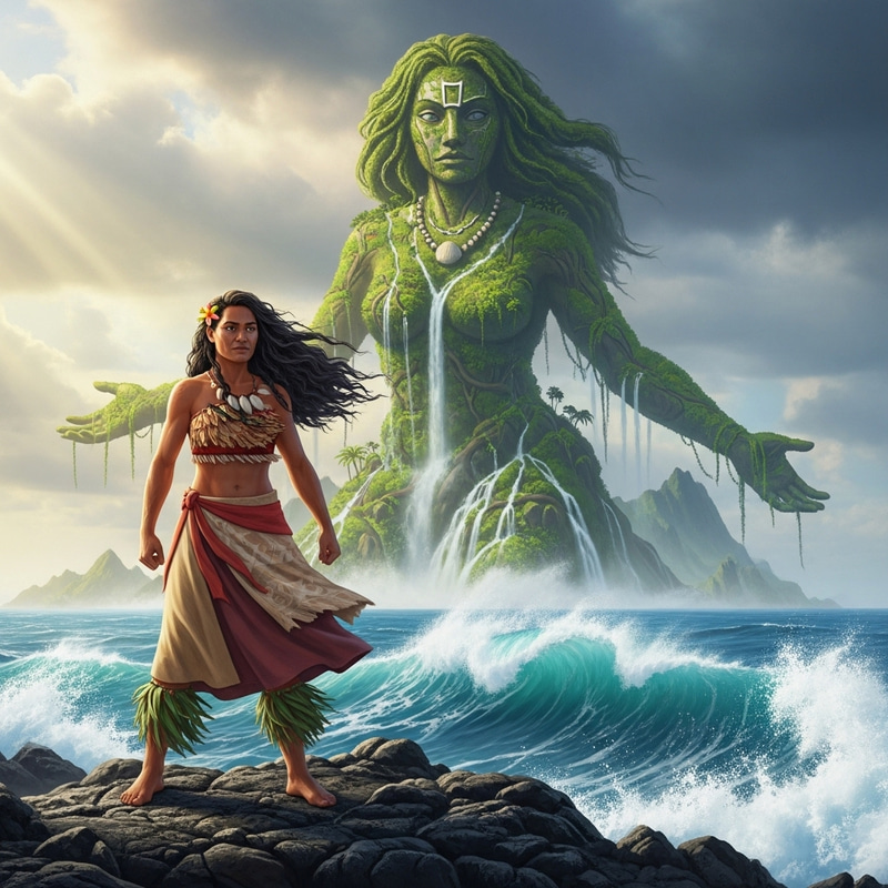 Moana Adult with Giant Te Fiti Creating Waves