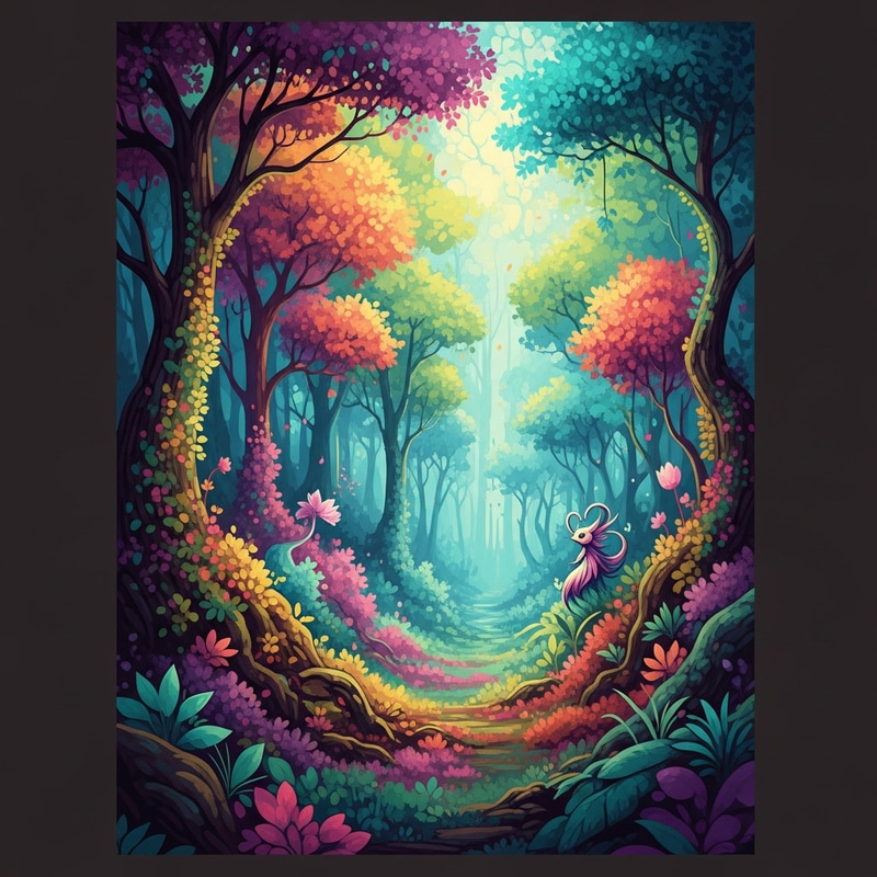 Whimsical Creature in Vibrant Mystical Forest | Ethereal Scene
