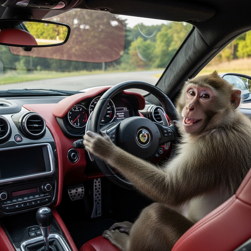 Monkey in Ferrari: Luxurious Red Interior with High-Tech Dashboard Monkey in Ferrari: Luxurious Red Interior with High-Tech Dashboard