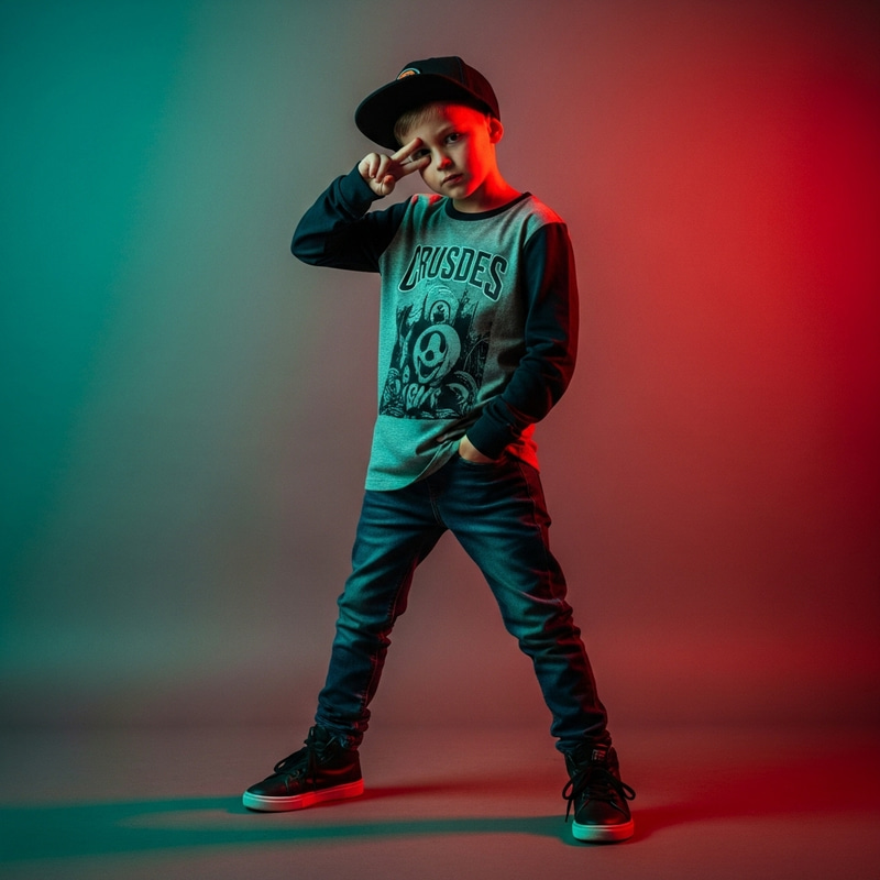 Vibrant Urban Street Photography of a Confident Boy in Snapback Cap
