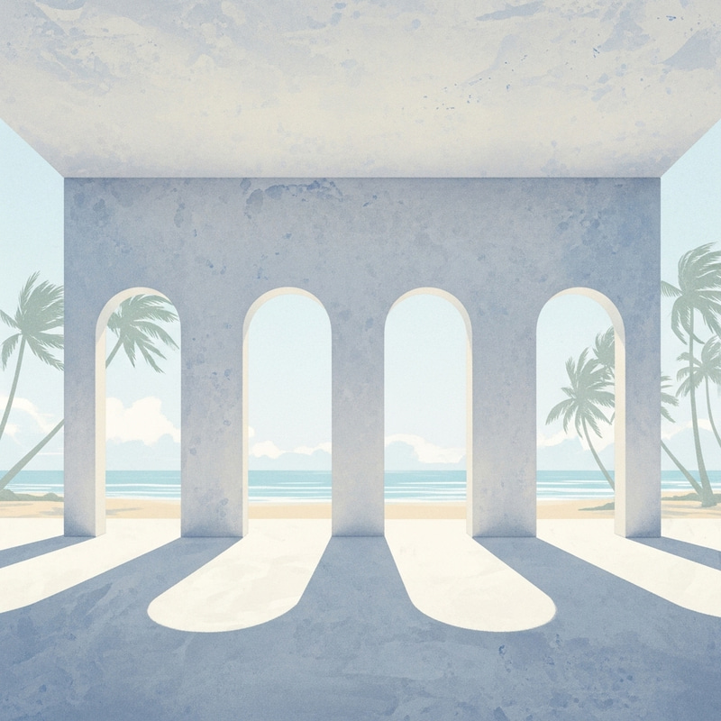 Tranquil Beach Landscape with Arched Portals Overlooking Ocean Tranquil Beach Landscape with Arched Portals Overlooking Ocean