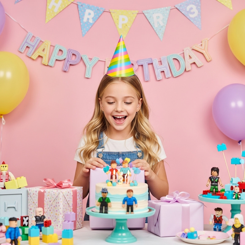 Blonde 8-Year-Old Girl's Joyful Kawaii Roblox Birthday Celebration Blonde 8-Year-Old Girl's Joyful Kawaii Roblox Birthday Celebration