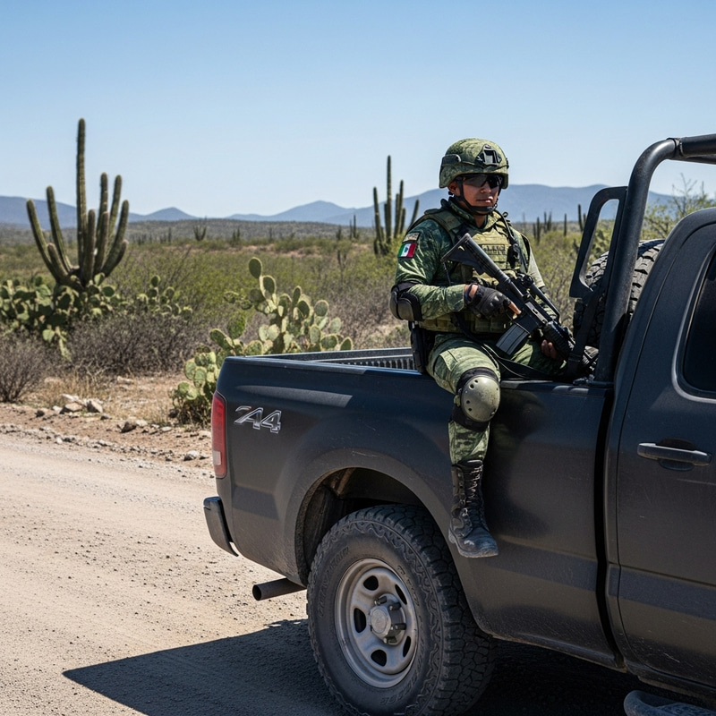 Mexican Soldier in 4x4 Pickup Truck | Patrolling Remote Arid Landscape