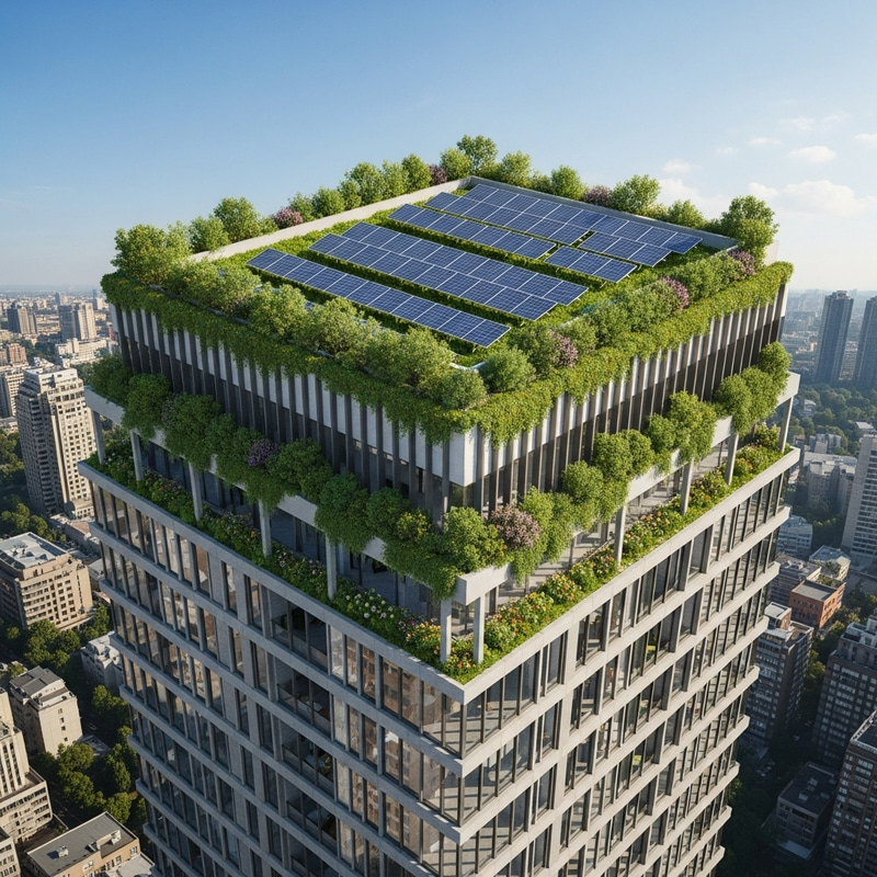 Cozy High-Rise Building with Rooftop Garden & Solar Panels
