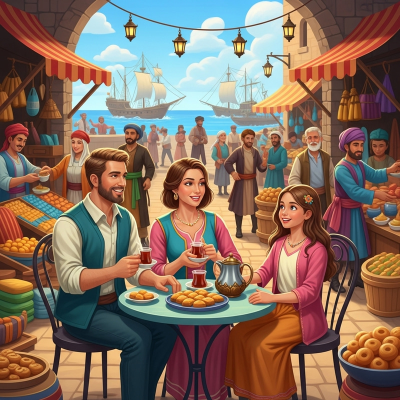 Family Joy at Mediterranean Market: Fresh Baklava, Tea, Laughter & Cheers Family Joy at Mediterranean Market: Fresh Baklava, Tea, Laughter & Cheers