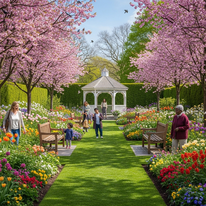 Serene Garden Retreat: Lush Greenery & Cherry Blossoms Serene Garden Retreat: Lush Greenery & Cherry Blossoms