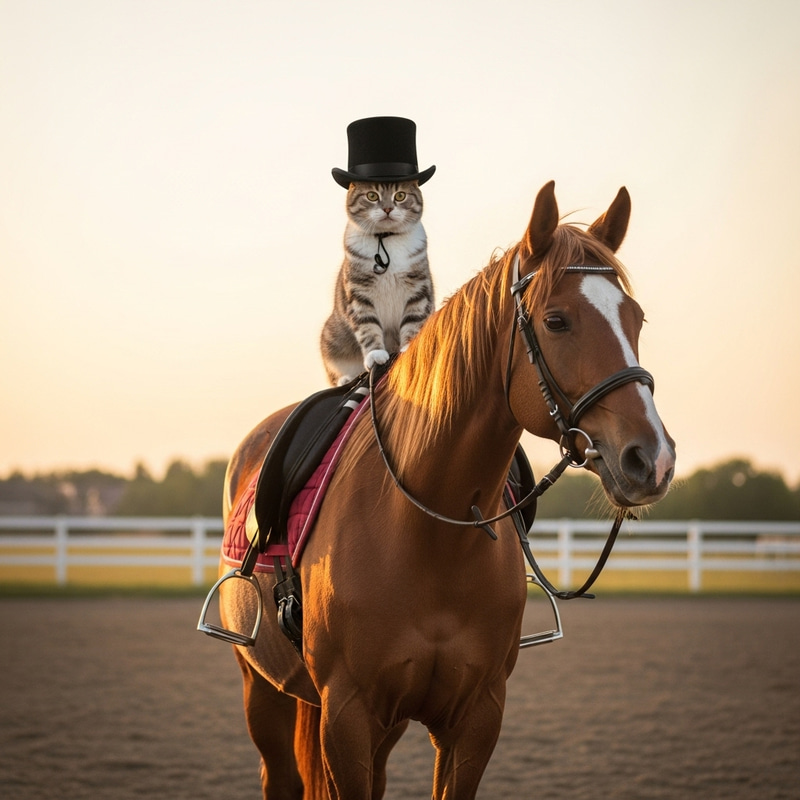 Whimsical Cat in Top Hat Sitting on Horse in Golden Sunset Whimsical Cat in Top Hat Sitting on Horse in Golden Sunset
