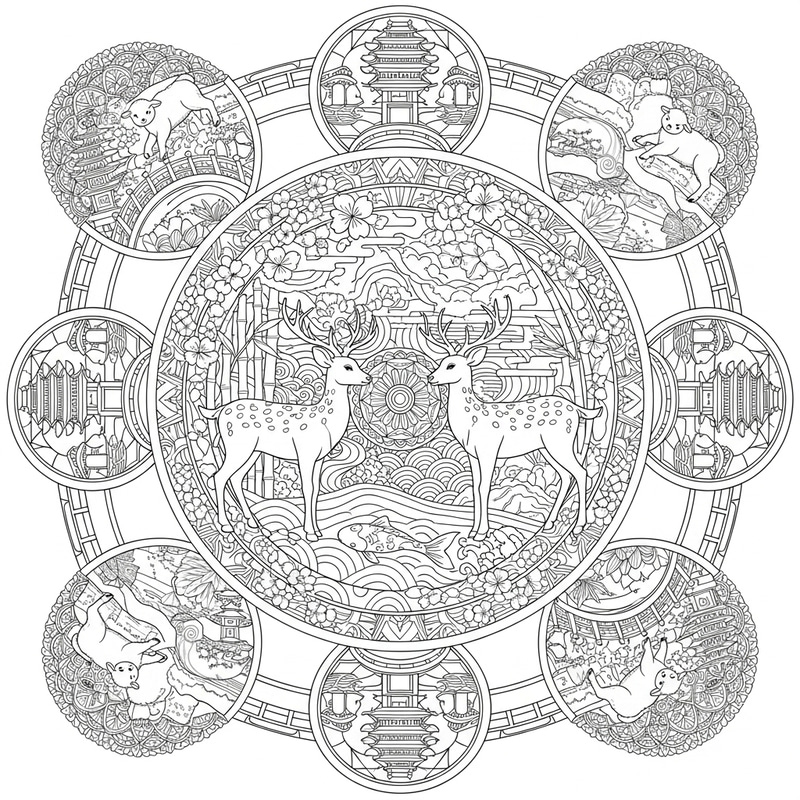 Japanese Garden Mandala Coloring Book: Deers & Lambs