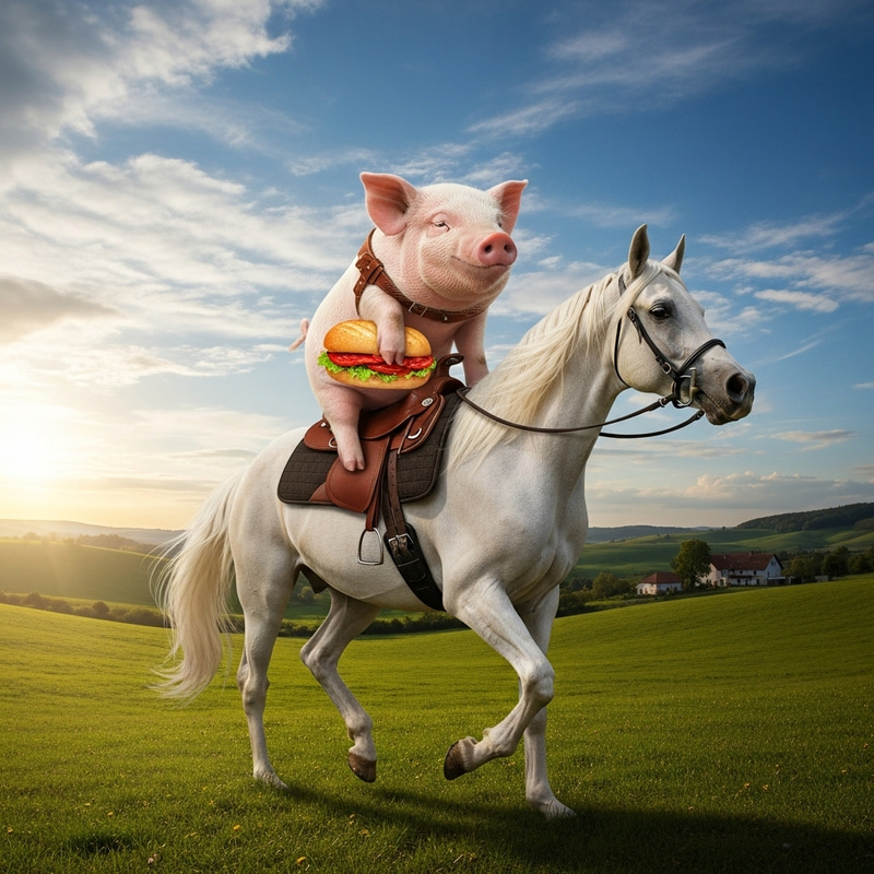 Pig Riding Horse While Eating Chorizo Sandwich Pig Riding Horse While Eating Chorizo Sandwich