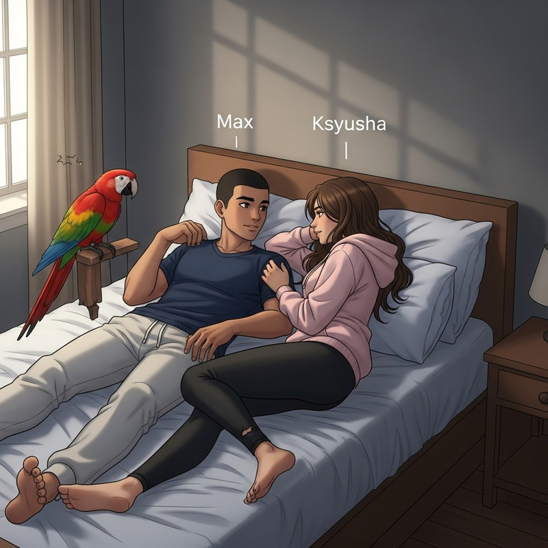Max and Ksyusha, 18-Year-Old Characters on Bed with Parrot Max and Ksyusha, 18-Year-Old Characters on Bed with Parrot