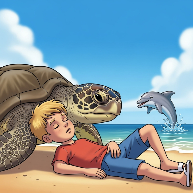 Joyful Beach Adventure: Boy with Turtle & Dolphin Joyful Beach Adventure: Boy with Turtle & Dolphin