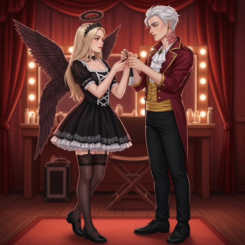 Blonde Girl and White-Haired Werewolf Preparing for Performance Blonde Girl and White-Haired Werewolf Preparing for Performance