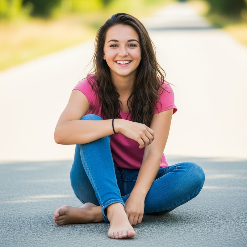 Capturing the Essence of Youth: Teenage Girl Smiling Barefoot