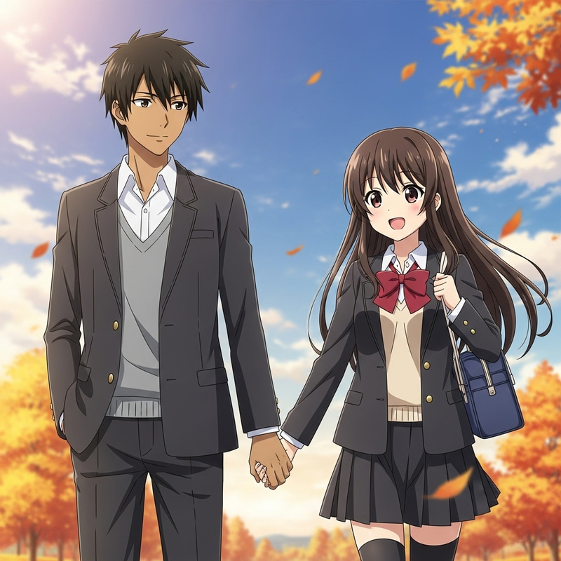 South Asian Anime Boy and Hispanic Anime Girl Holding Hands in Autumn Sky