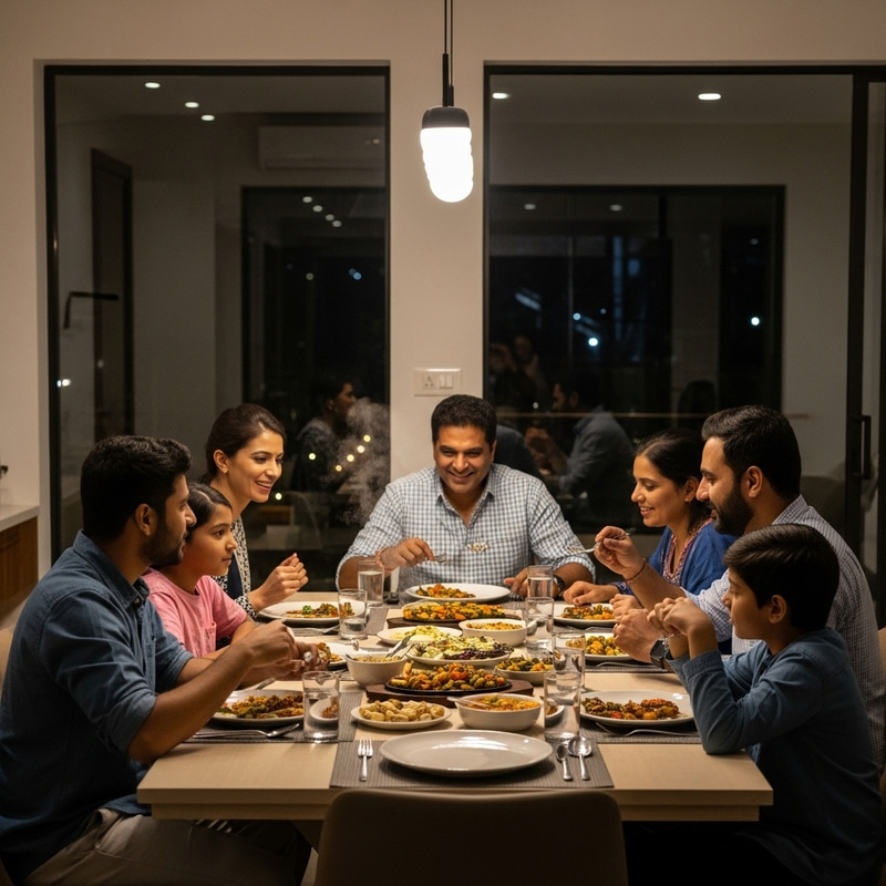 Evening Family Dinner Table Celebration with Steaming Food Delicacies Evening Family Dinner Table Celebration with Steaming Food Delicacies