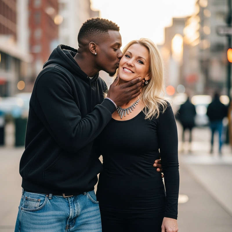 Black Gang Member Kissing Blonde Mature Woman | Urban Street Scene