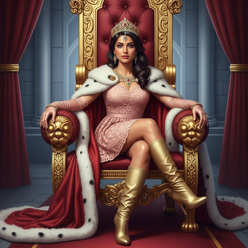 Elegant Princess on Grand Throne with Golden Tiara & Jewels