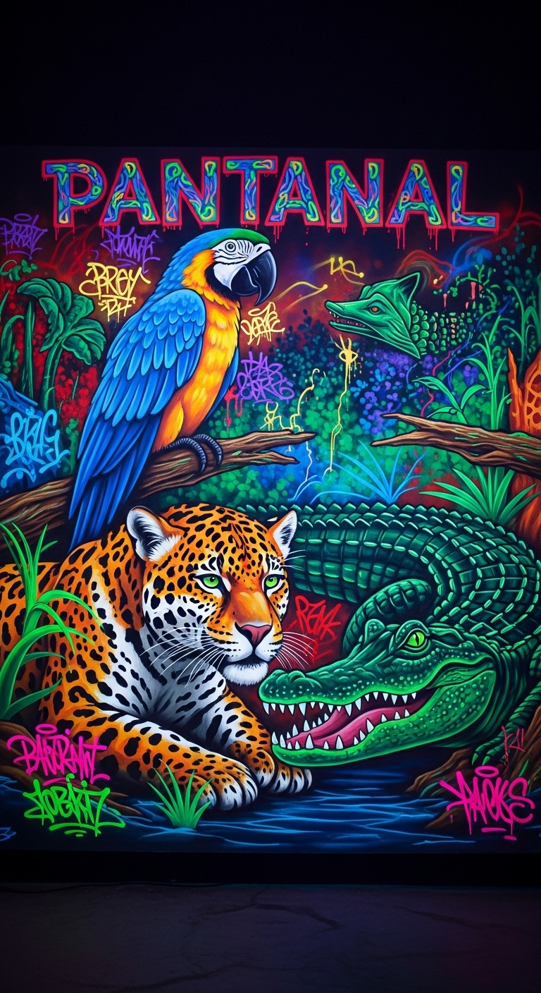 Neon Graffiti Art: Pantanal Jaguar, Macaw, Alligator Neon Graffiti Art: Pantanal Jaguar, Macaw, Alligator