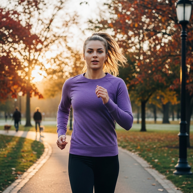 Young Caucasian Female Jogging in Urban Park | Autumn Morning Fitness
