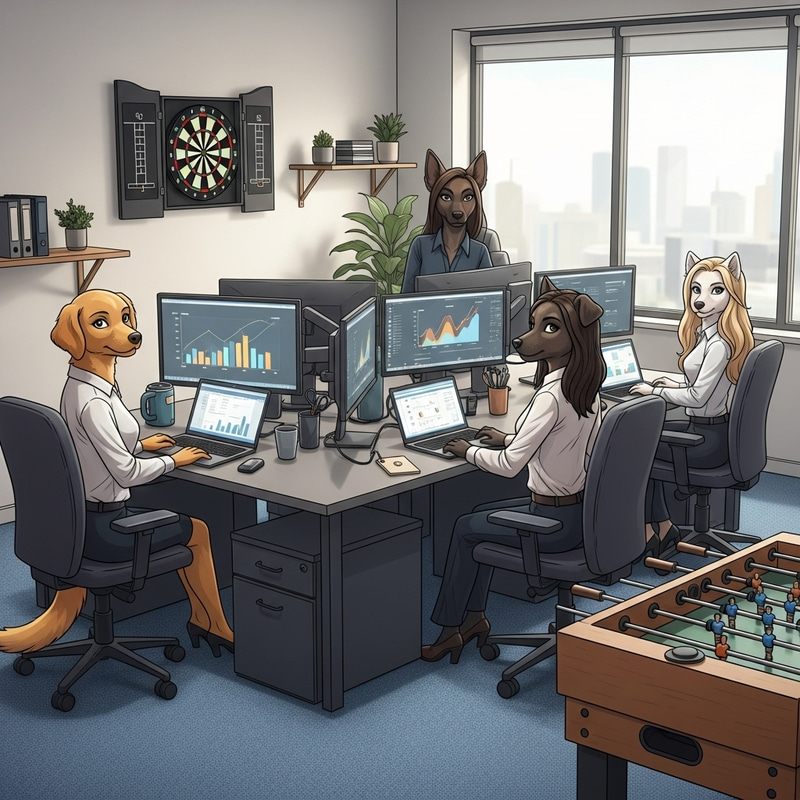 Golden Retriever and Two Other Dog Breeds as Financial Analysts in Stylish Office