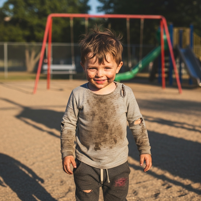 Bruised Little Boy in Tattered Clothes Playing Outdoors