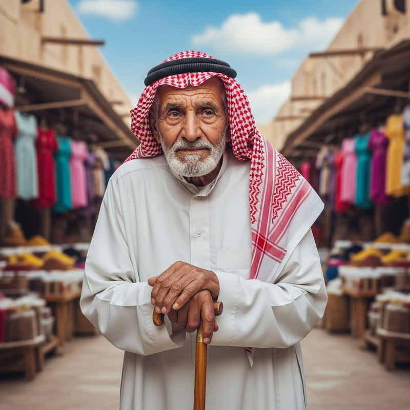 Elderly Arab Man in Traditional Clothing at Middle Eastern Market Elderly Arab Man in Traditional Clothing at Middle Eastern Market
