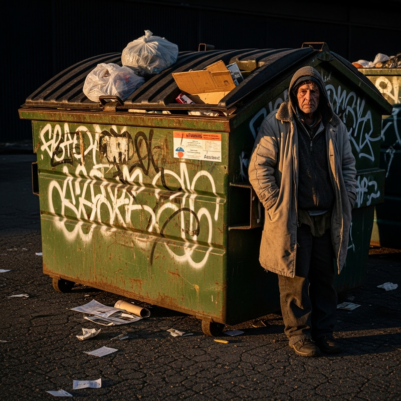 Homeless Person Against Dusty Trash Can Homeless Person Against Dusty Trash Can