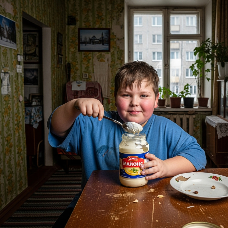 Chubby Boy Eating Mayonnaise in Vintage Russian Apartment Chubby Boy Eating Mayonnaise in Vintage Russian Apartment