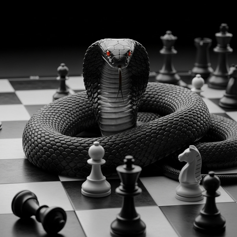 Black Cobra on Chess Board: Tense Encounter with Striking Serpent Black Cobra on Chess Board: Tense Encounter with Striking Serpent