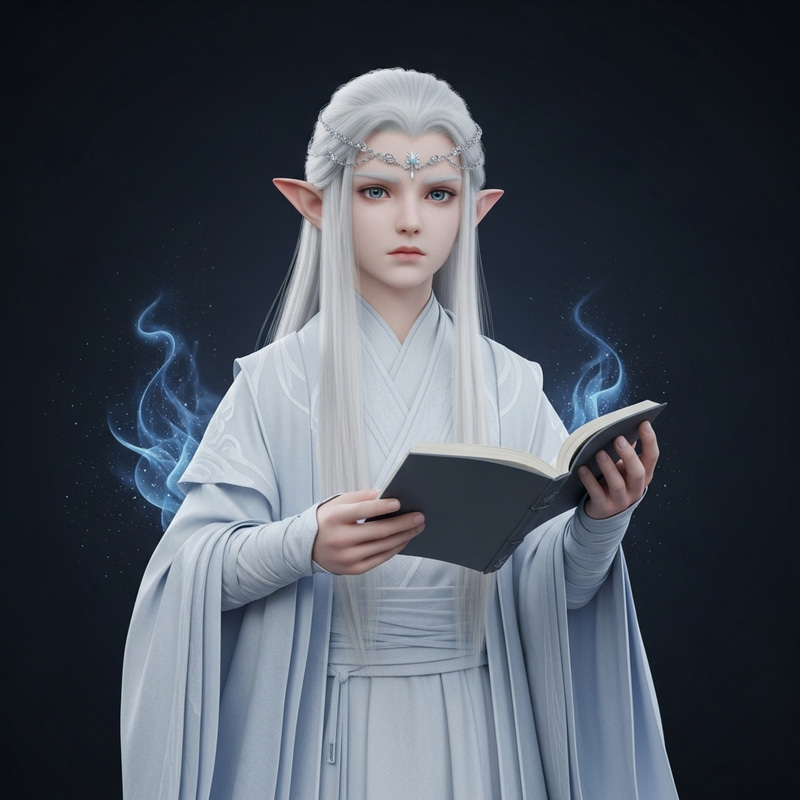 Caucasian Elf Child with Long White Hair in Mystical White Robes Caucasian Elf Child with Long White Hair in Mystical White Robes