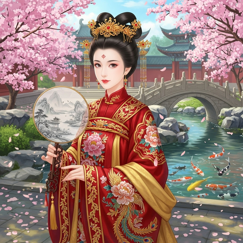 Chinese Princess in Traditional Royal Dress - Serene Palace Garden Scene Chinese Princess in Traditional Royal Dress - Serene Palace Garden Scene