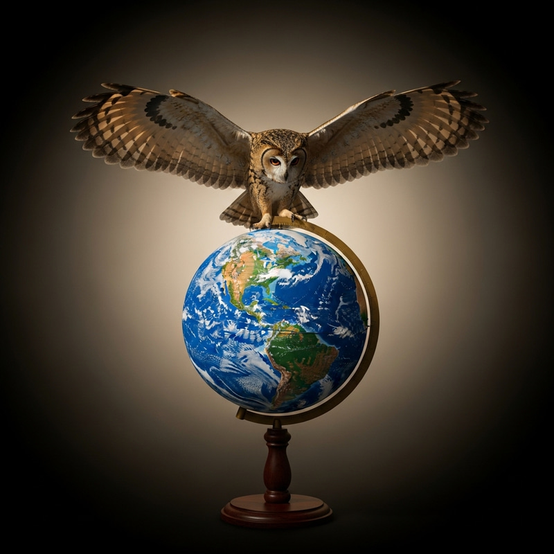 Owl Landing on Globe | Majestic Wood Stand