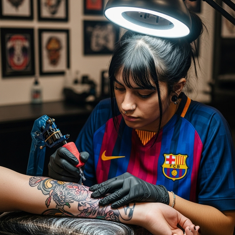 Young Female Tattoo Artist with Black Hair | FC Barcelona T-Shirt Design